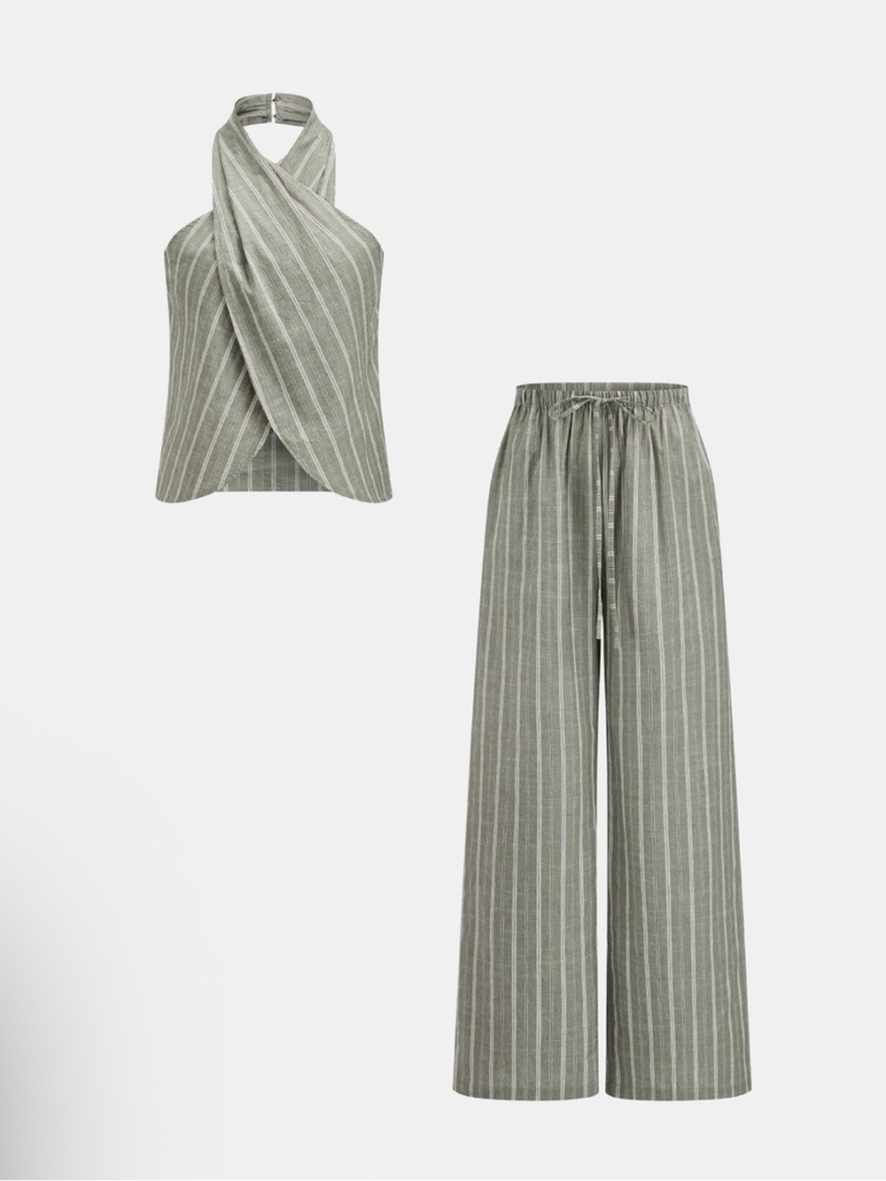 Commense Striped Halter Top & Wide-Leg Pants Set - Sage